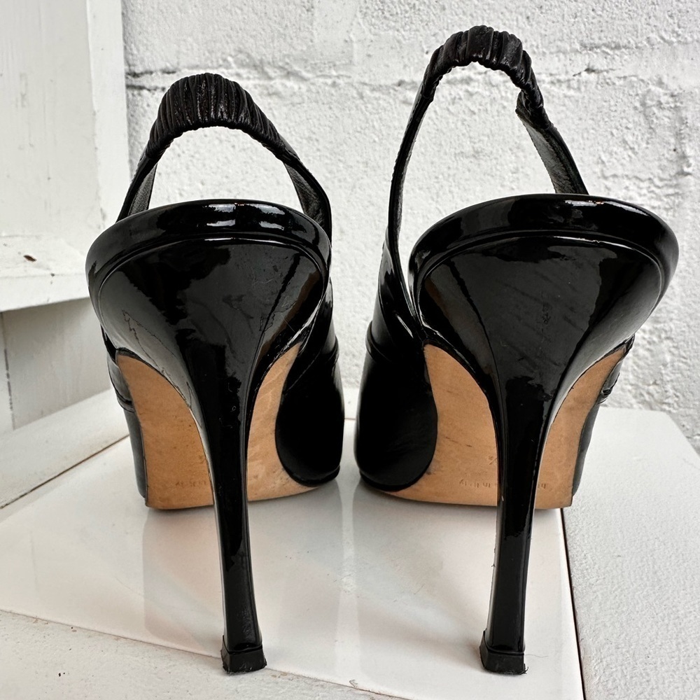 Manolo Blahnik Black Leather Printed Slingback Peep Toe Pumps – Size 36.5 Gift - Picture 9 of 13